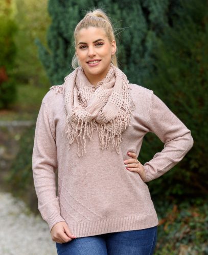 Extra méretű rózsaszín kötött pulóver sállal (L-XL)